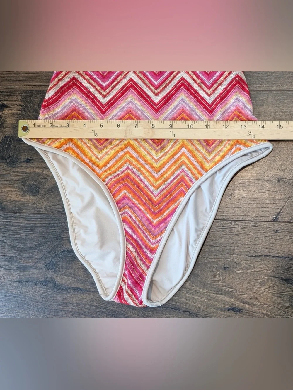PQ Swim Women’s Margot One Piece Chevron Pink Orange Metallic Knit NWT Size Med